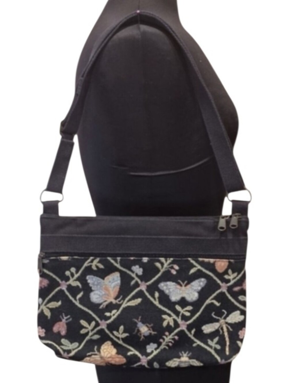 Vintage 90s Tapestry Handbag Butterfly Floral Embroidered Black Shoulder Bag